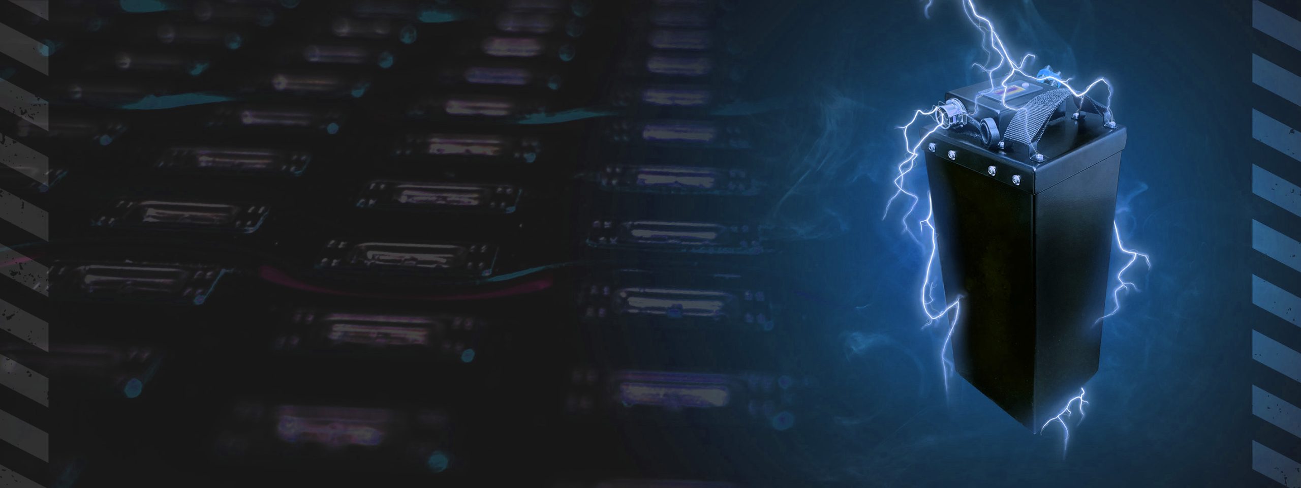 A conceptual banner featuring a high-capacity black battery pack for Sur-Ron or Talaria, highlighted by electric lightning effects over a background of battery cell arrays.